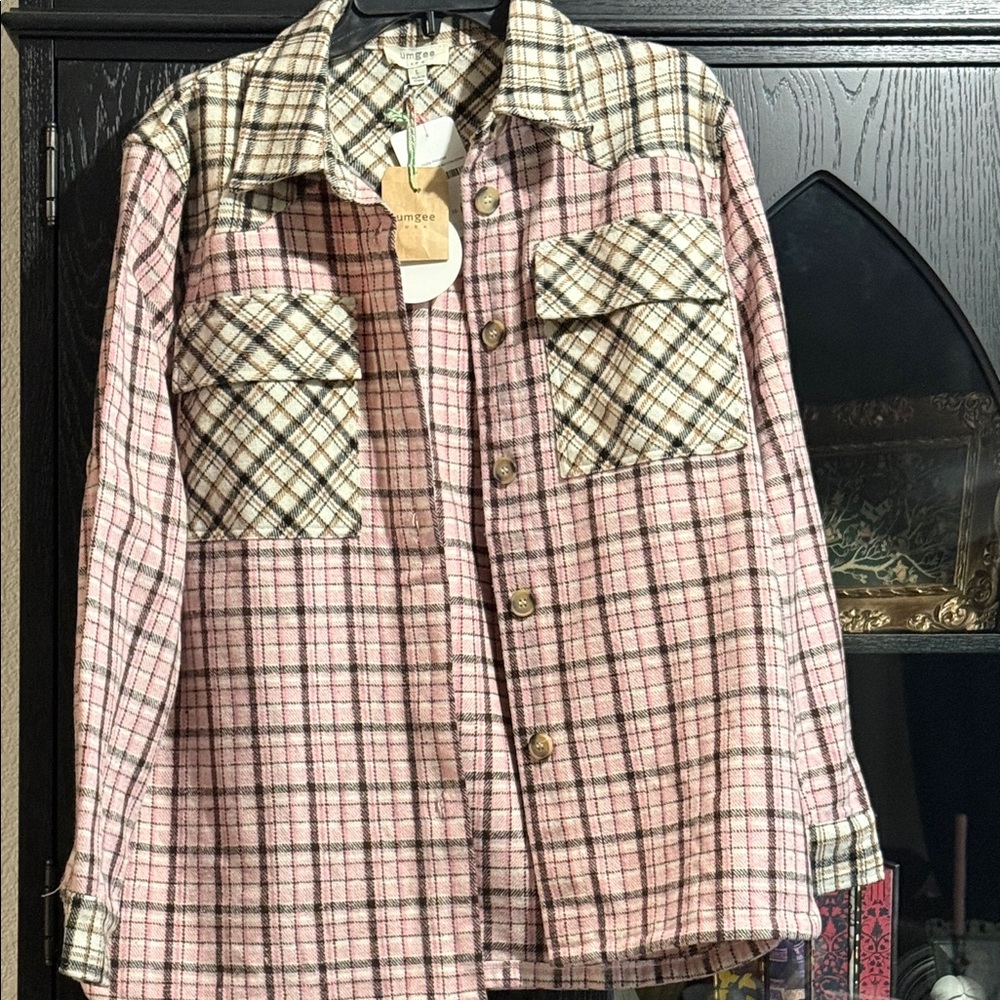 Pink and Brown Plaid Button-Up Shacket